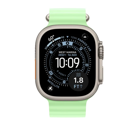 Apple Watch 49mm Band:  Neon Green Ocean Band - Natural Titanium Finish